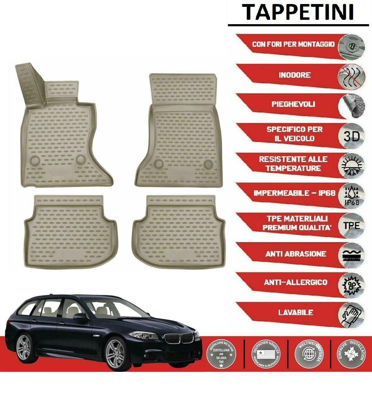Fussmattenprofi Tappetini Auto In Gomma TPE Per BMW Serie 5 (F10/F11) Restyling 2013-2016 - Su Misura, Antiscivolo, Bordi Alti - 3