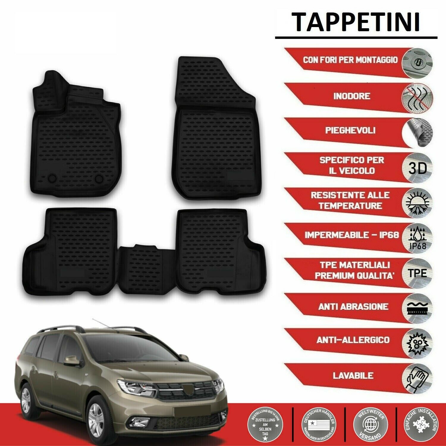 MOTOS Tappetini In Gomma Per Auto - Adatti Per Dacia Sandero III (dal 2020) - Antiscivolo, 4 Stagioni, Bordi Alti 3 Cm, Set Completo - 3